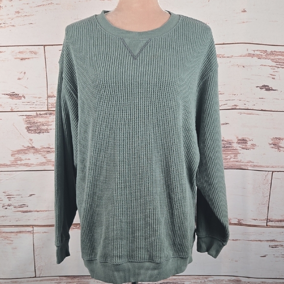 Aerie Waffle Knit Crew Neck Oversized Thermal Top Green Size Medium - Picture 1 of 8